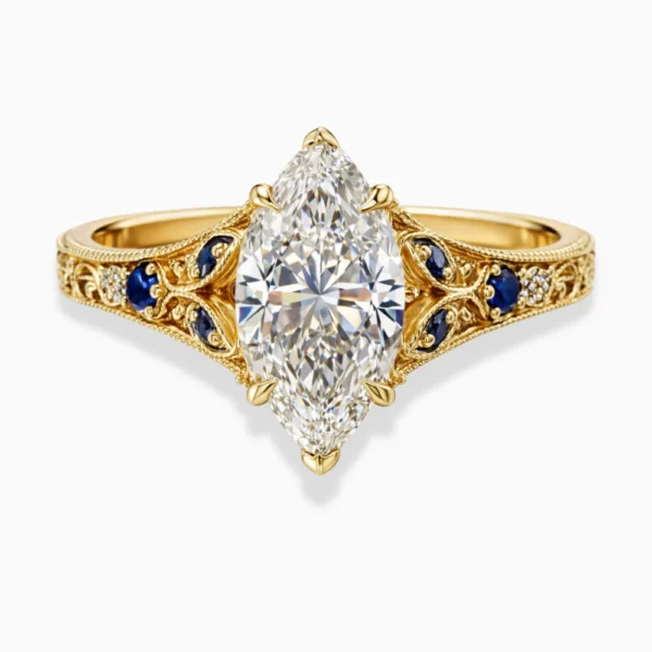 Viola Vintage Ornament Accents (Blue Sapphire and White Round Side Diamonds) Lab Diamond Ring in 18K Gold - Marquise